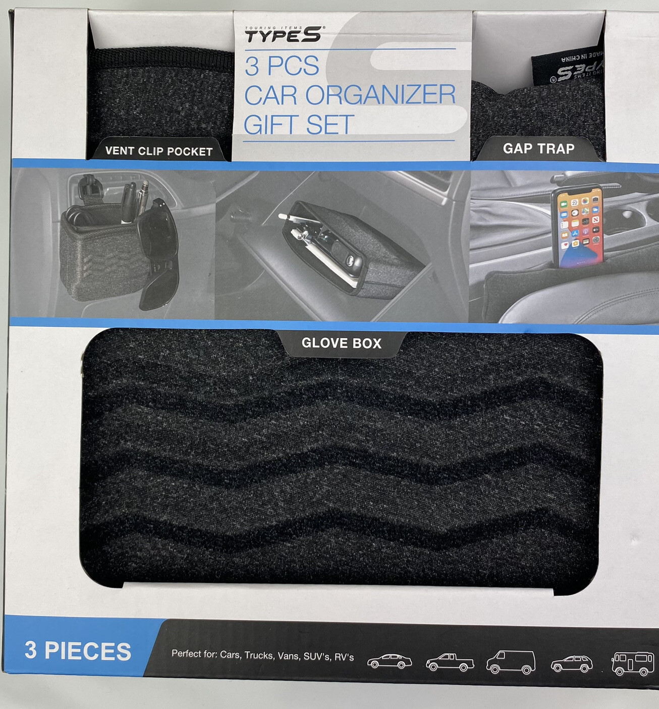 Car Organizer Gift Set All Vehicles 3-Piece Gap Trap Vent Clip Glove Box NEW
