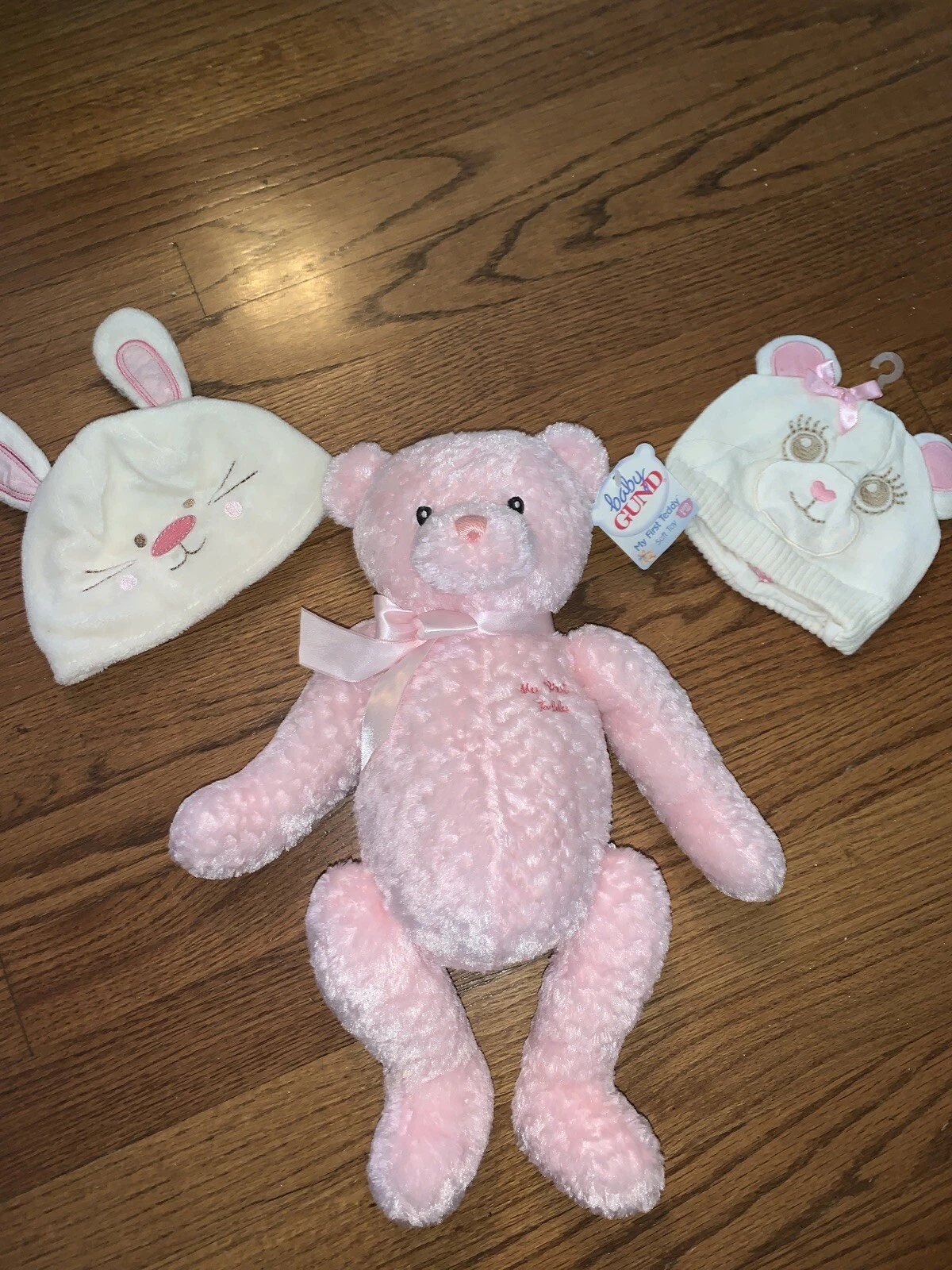 GUND Pink Bear 14” Plush Children's Place Hat Rabbit & Bear 3-6 mt LOT ❤️tb11j1