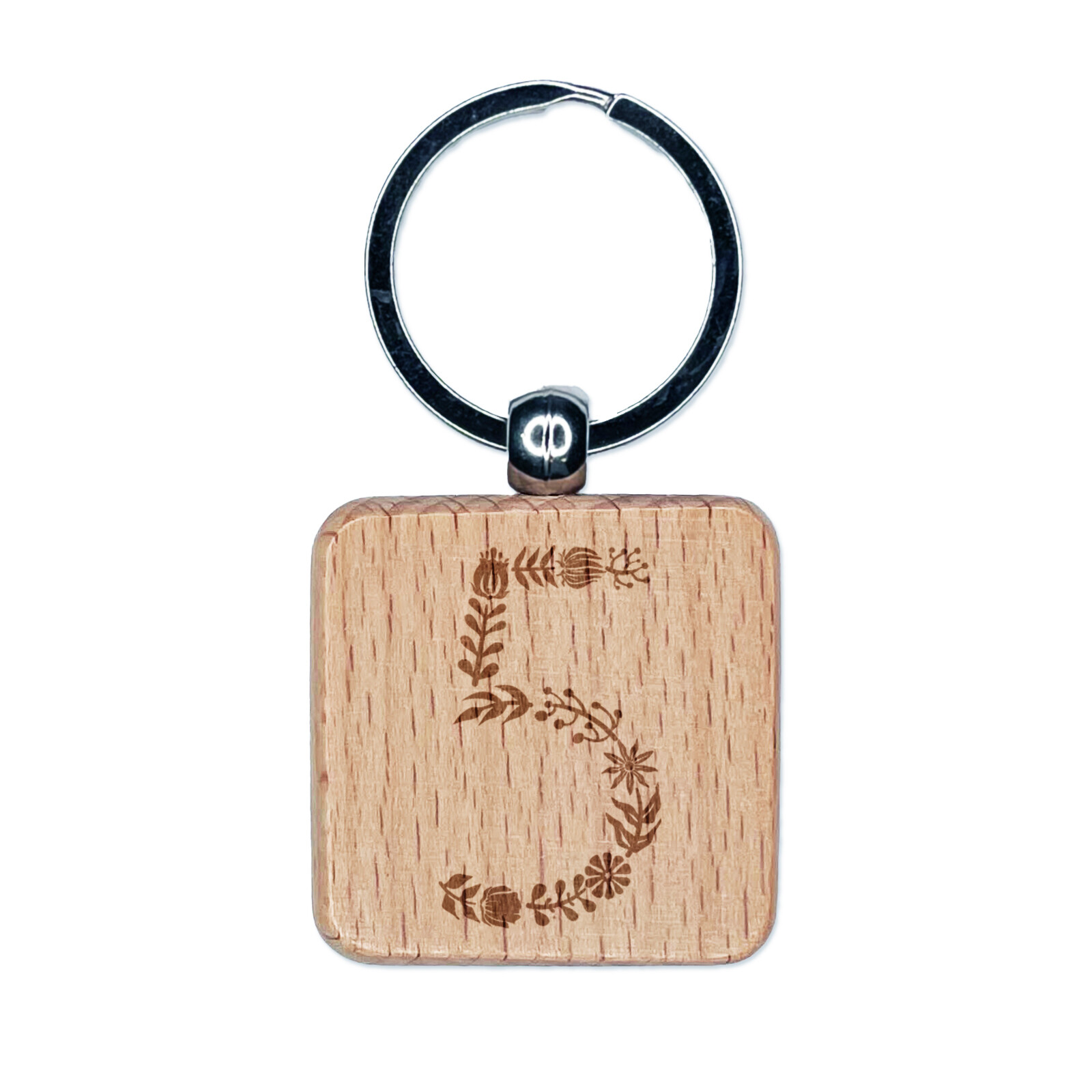 Elegant Floral Engraved Wood Keychain Tag with Number 5 Design