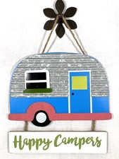 Image of New Happy Campers Hanging Sign Wooden Metal Camp Trailer Plaque Home Door Decor