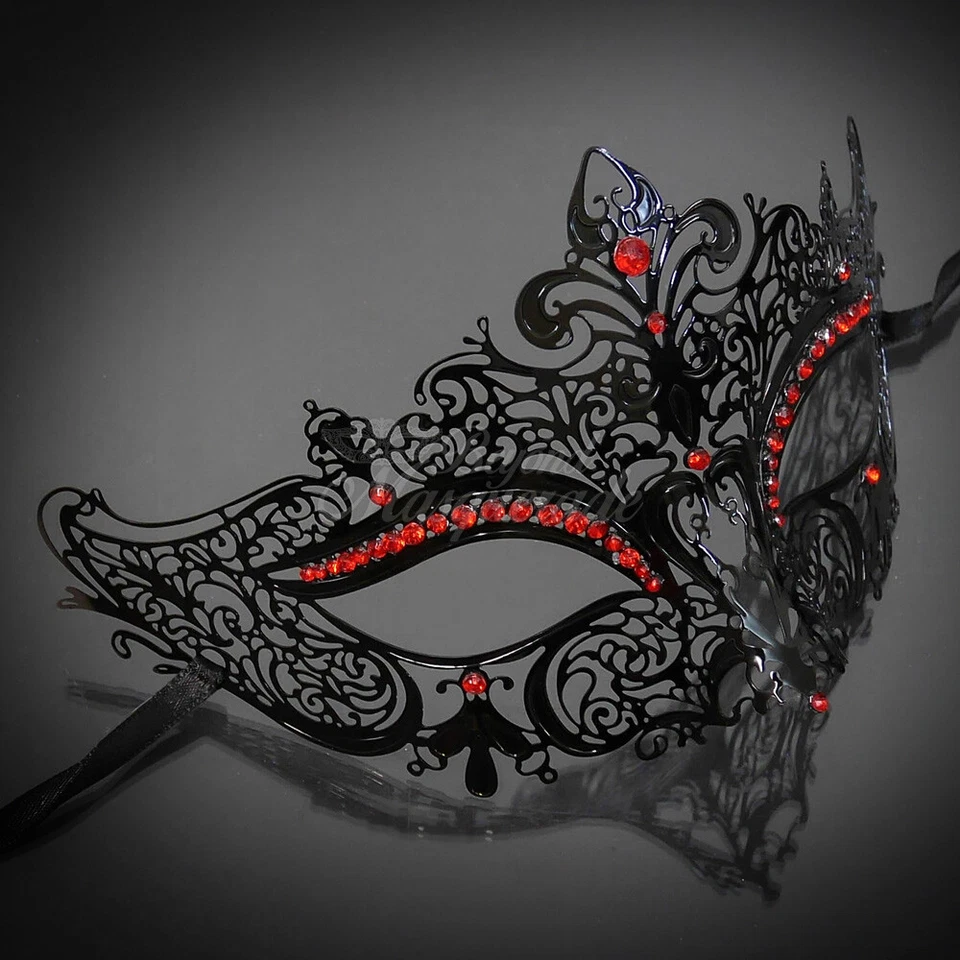 Luxury Filigree Metal Venetian Masquerade Mask for Women Black - Red Rhinestones - Image 2 of 4