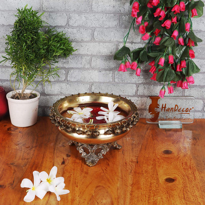 Two Moustaches Brass 8 Inch Urli Bowl On Ethnic Carved Legs Decorative Bowl For