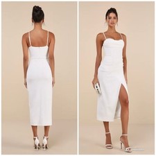 Lulus Large Always Turning Heads White Bustier Tulip Midi Dress NWOT *FLAWED*