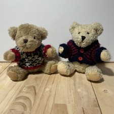 Set of 2 HugFun International Teddy Bear Winter Sweater Plush 6" Lot Red Blue