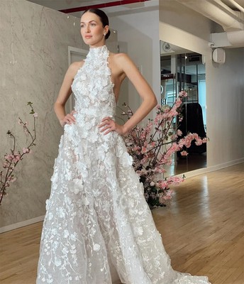 Lace 3D Floral Wedding Dresses Backless Halter Neck Sleeveless Floor-Length  | eBay