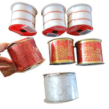 Lot of 7 Rolls Spools Christmas Holiday Wired Ribbon 9 Ft Each  63 Ft Red White