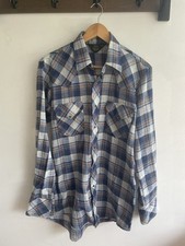 Vintage 70s 80s, Sears Western Wear, Pearl Snap Blue Plaid with Gold Thread, M