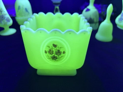 Fenton Uranium Custard Flower Box – Darlene Mageehan Signed, Hand-Painted