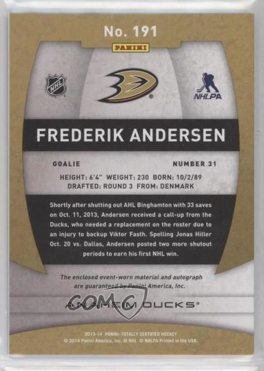 2013-14 Totally Certified Jerseys Frederik Andersen #191 Rookie Auto RC - Image 2 of 2