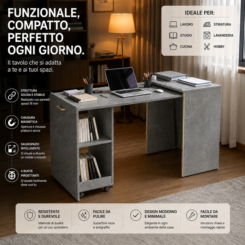 Mobile con Tavolo a Scomparsa Grigio Richiudibile Salvaspazio Scrivania Libreria foto 6