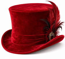 Red Velvet Top Hat with Feather Plume Jeweled Brooch Gothic Steampunk Hat