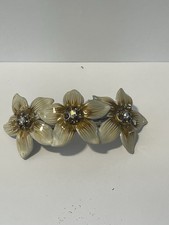 White METALLIC ENAMEL FLORAL WHITE RHINESTONE 2.5" HAIR BARRETTE