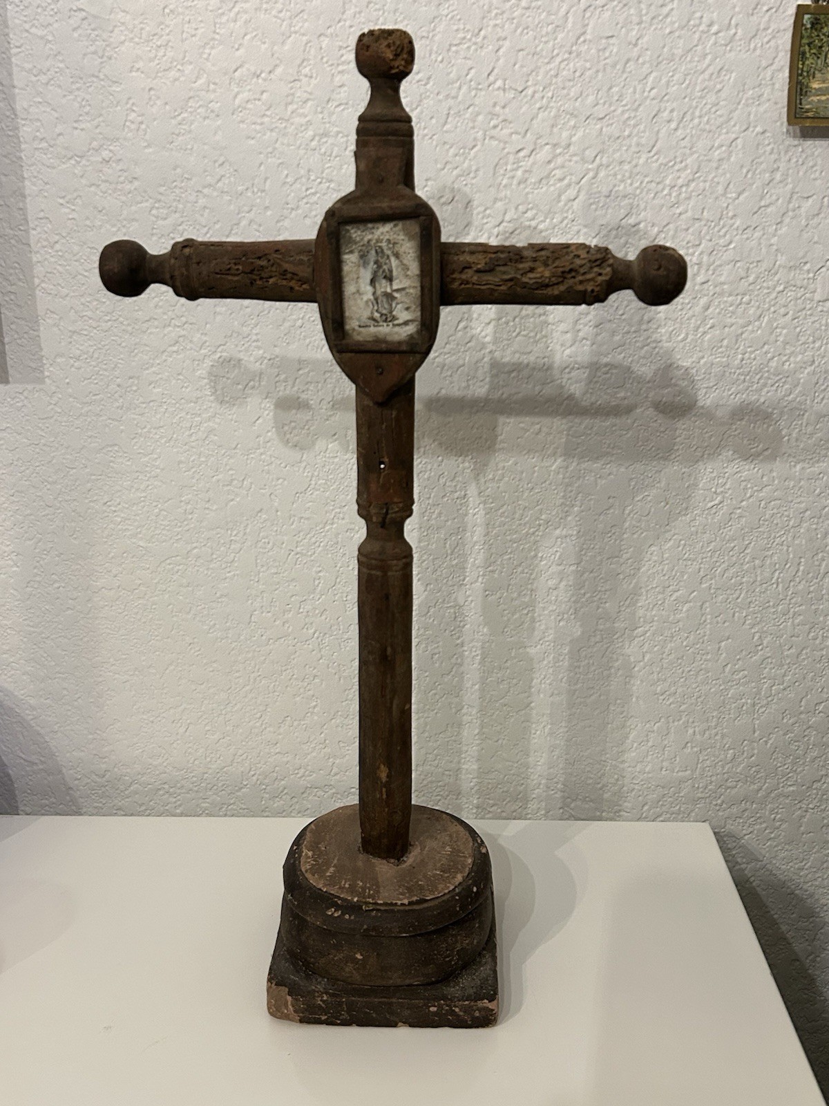 Antique Hand-Carved Wooden Cross w/ Nuestra Señora de Guadalupe 20” Tall