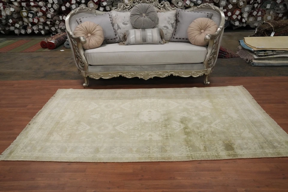 Handmade Green Transitional Silk Carpet Oushak Oriental Bedroom Area Rug 5x8 Ft - Image 3 of 4