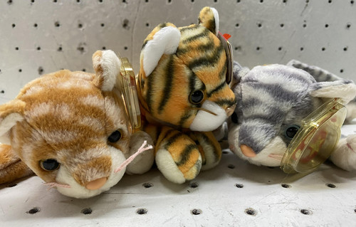 Vintage Ty Beanie Babies Cat Tiger Plush Lot 3 Small Multicolor Stuffed Toys