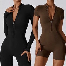 Zipper Sports Jumpsuits Women's Tracksuit Fitness Overalls One-Piece Gym Short B