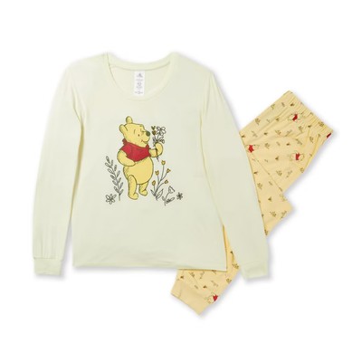 Winnie Puuh Damen Pyjama Set Gr. L - Disney Damen Nachtwäsche Gelb Schlafanzug