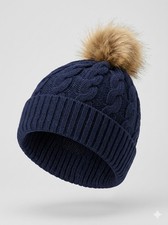 Navy Blue Cable Knit Beanie Hat Women's Faux Fur Pom Pom Winter Cuffed Cap EUC