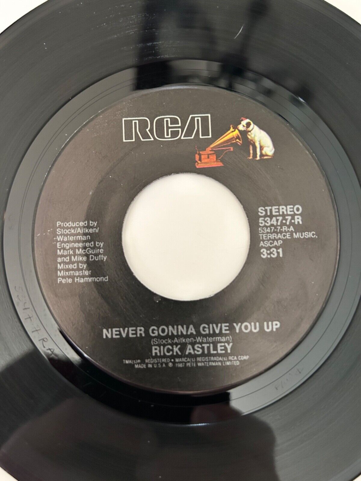 1987 Rick Astley "Never Gonna Give You Up" and "Instrumental" 45 RPM  Record EX