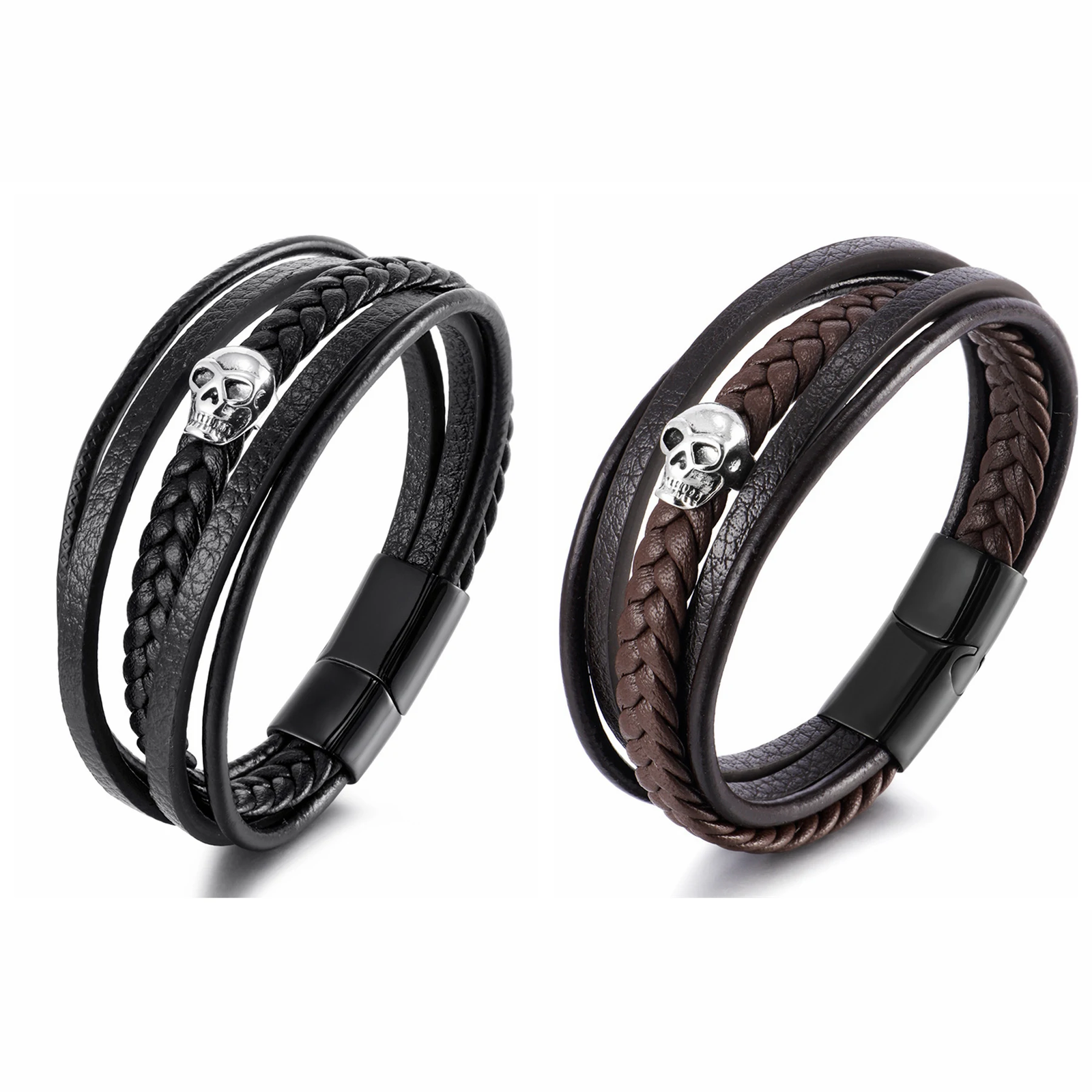 Black Skull Leather Bracelets for Mens Stackable Braided Cuff Bracelet