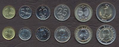 TURKEY FULL COIN SET 1+5+10+25+50 Kurus 1 Yeni Lira 2005-7 FIRST ISSUE UNC LOT 6