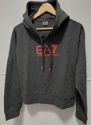 Emporio Armani Damen Sweatshirt 6HTM08 Grau XL mit Kapuze Logo Rot