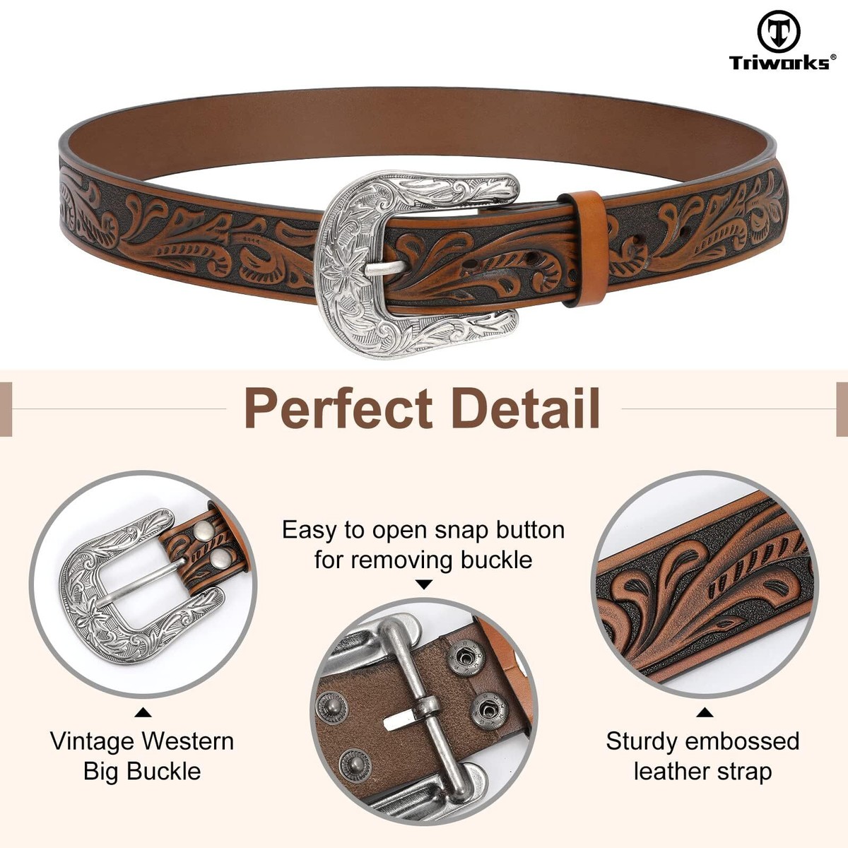 Western Floral Engraved Tooled Leather Belt Cowgirl Cowboy 