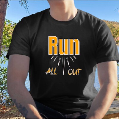 Run All Out T-Shirt, Orange Letter Workout Fitness Jogging Tee, Unisex S - 3XL