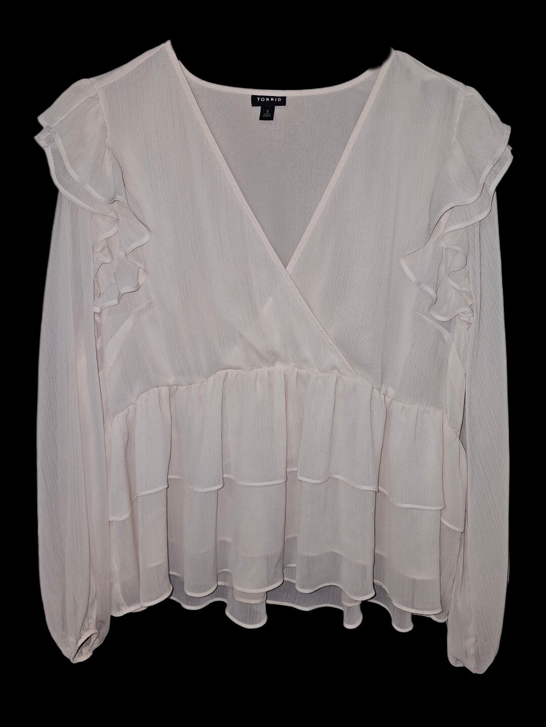 Torrid Off White Sheer Long Sleeve V-Neck Ruffle Blouse Women's Size 1X