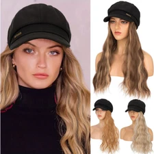 Beret Hat with Hair Extensions Wool Cap Attached 18'' curly Hairpiece Synthetic