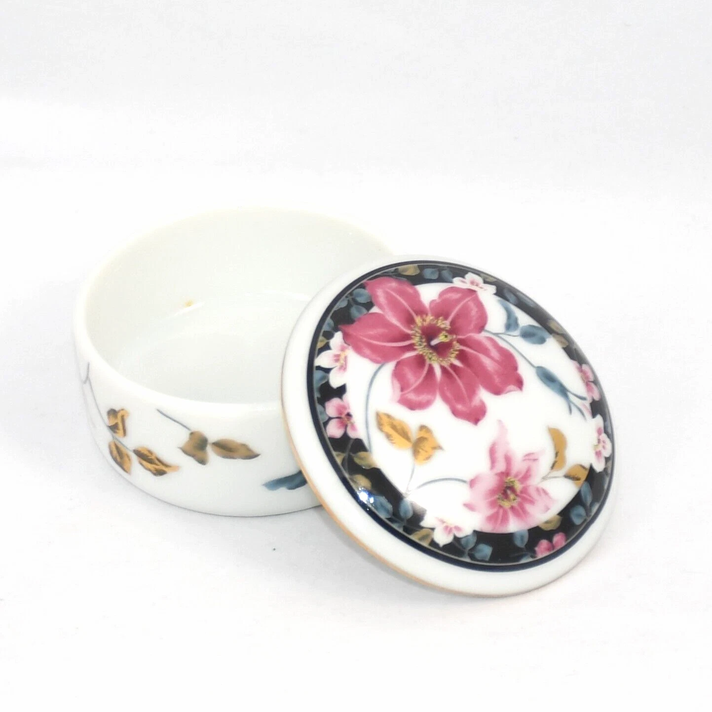Boîte à bijoux ronde vintage Otagiri Supreme en porcelaine fleurs roses or 2