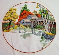 Vtg "Fall Mill Pond" Crewel Embroidery, Completed from Sunset Designs Kit 2473