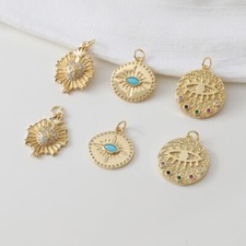 2pcs CZ Pave Round Coin Heart Eye Charm,Cubic Zirconia Medallion Eye Pendant