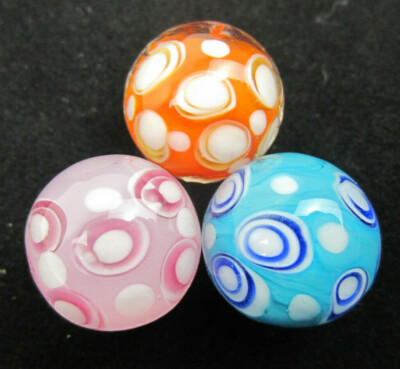 3 OYSTER BAY 16mm Handmade Art Glass Pink, Blue, Orange SPOTS/POLKA DOTS Marbles