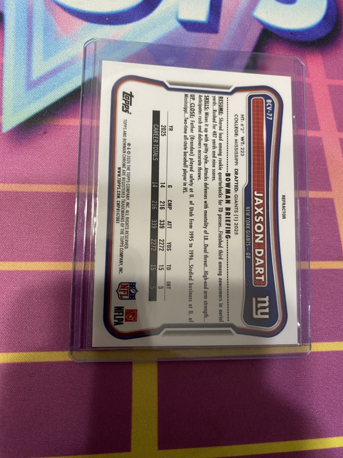 2026 Bowman Football CHROME BCV-77 Jaxson Dart New York Giants Refractor 396/499 view 2