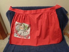 Vintage 1950s Red Cotton Apron with Santa Claus Print Pocket 16"Tall, 24"Wide