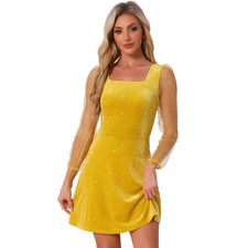 INSPIRE CHIC Women Mesh Sheer Puff Long Sleeve Square Neck Glitter Star