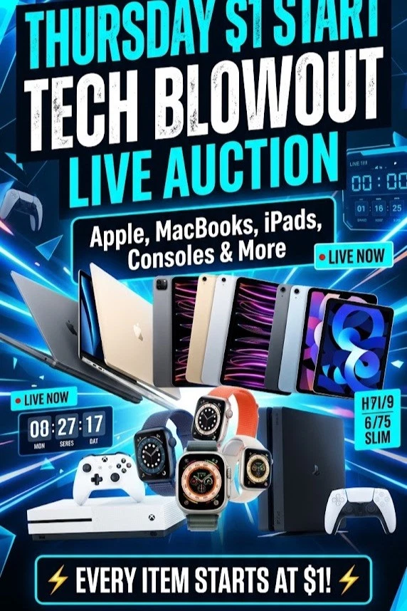 THURSDAY $1 START TECH BLOWOUT LIVE AUCTION | Apple, MacBooks & More LIVE
