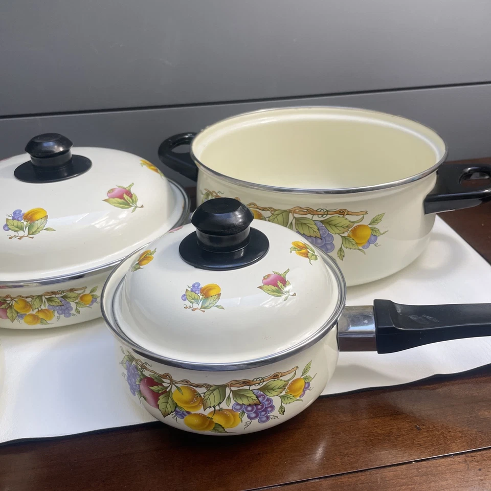 Panelas de esmalte de frutas vintage 7 peças panelas retrô tampas alça de cozinha anos 70 cm adereço - Imagem 3 de 4