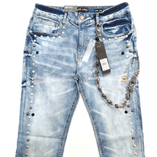 Black Light Men Jeans Stretch Slim Straight Flare Fit Med Blue Denim Rhinestone