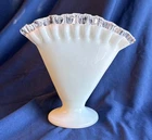 Fenton Silver crest Fan Vase. Milk Glass Ruffle Crimp Clear Edge 4.25”