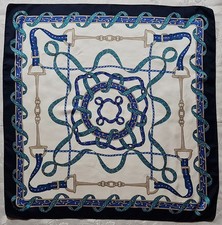 SCARF VINTAGE AUTHENTIC EQUESTRIAN ART HORSE HARNESSES BLUE SILK 34" SQUARE