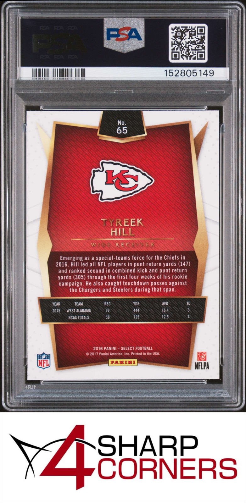 2016 PANINI SELECT SILVER PRIZM #65 TYREEK HILL RC PSA 10 view 2