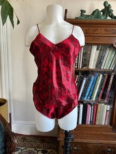 Vintage Red Satin Sleep Set Pajama Cami Flutter Shorts 80s 1990s Lace Lingerie M