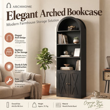 70" Tall Arched Bookcase with Doors 6 Tier Cabinet Shelves Collectible Display