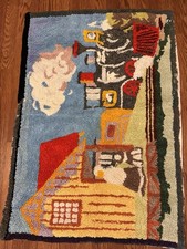 Vintage Handmade Latch Hook Rug Steam Train Railroad Farm Scene 29x41 Folk Art