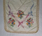 Vintage Linen Embroidered Table Topper Runner Multicolor Flowers Handmade Stains