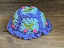 Crochet Granny Square Purple Cherries Bucket HAT Vintage Handmade NEW