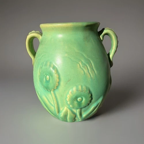 Weller Art Pottery Vase Matte Green Floral Twin Handle Arts And Crafts 1920s