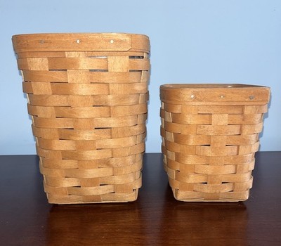 Longaberger Square Wood Storage Baskets Set of 2 with Handles & Inserts Brown